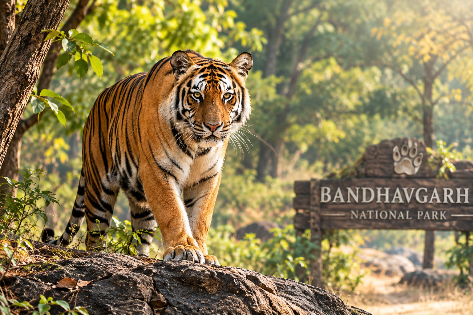 Bengal tiger standing on a rock beside the Bandhavgarh National Park sign