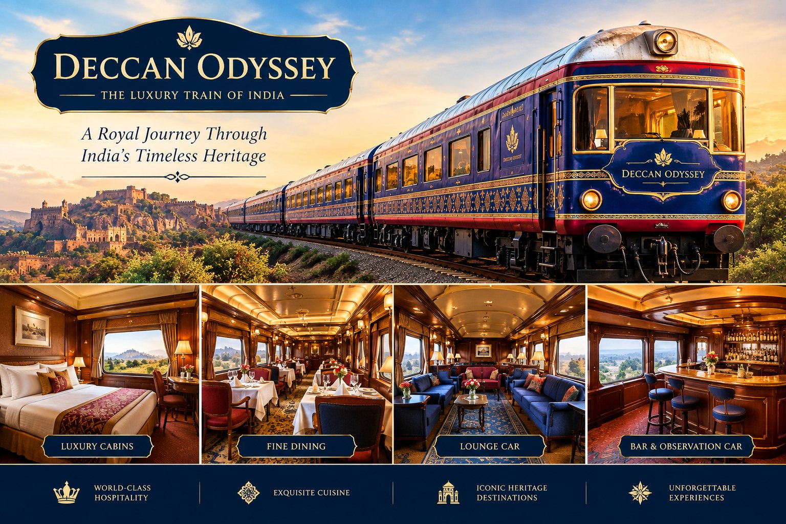 Deccan Odyssey luxury train with its cabins, dining car, lounge and bar
