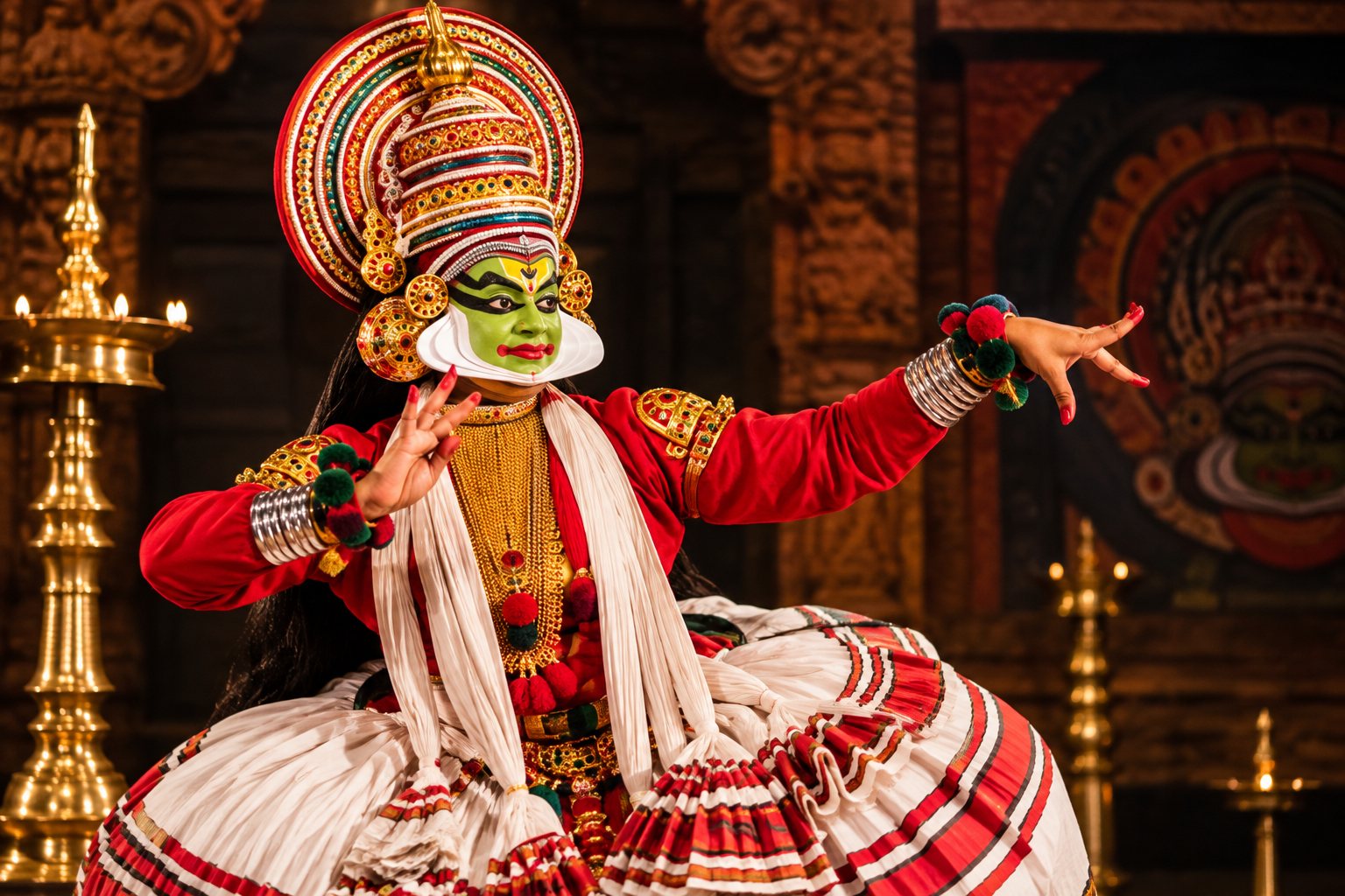 Kathakali dancer in traditional costume and green face makeup