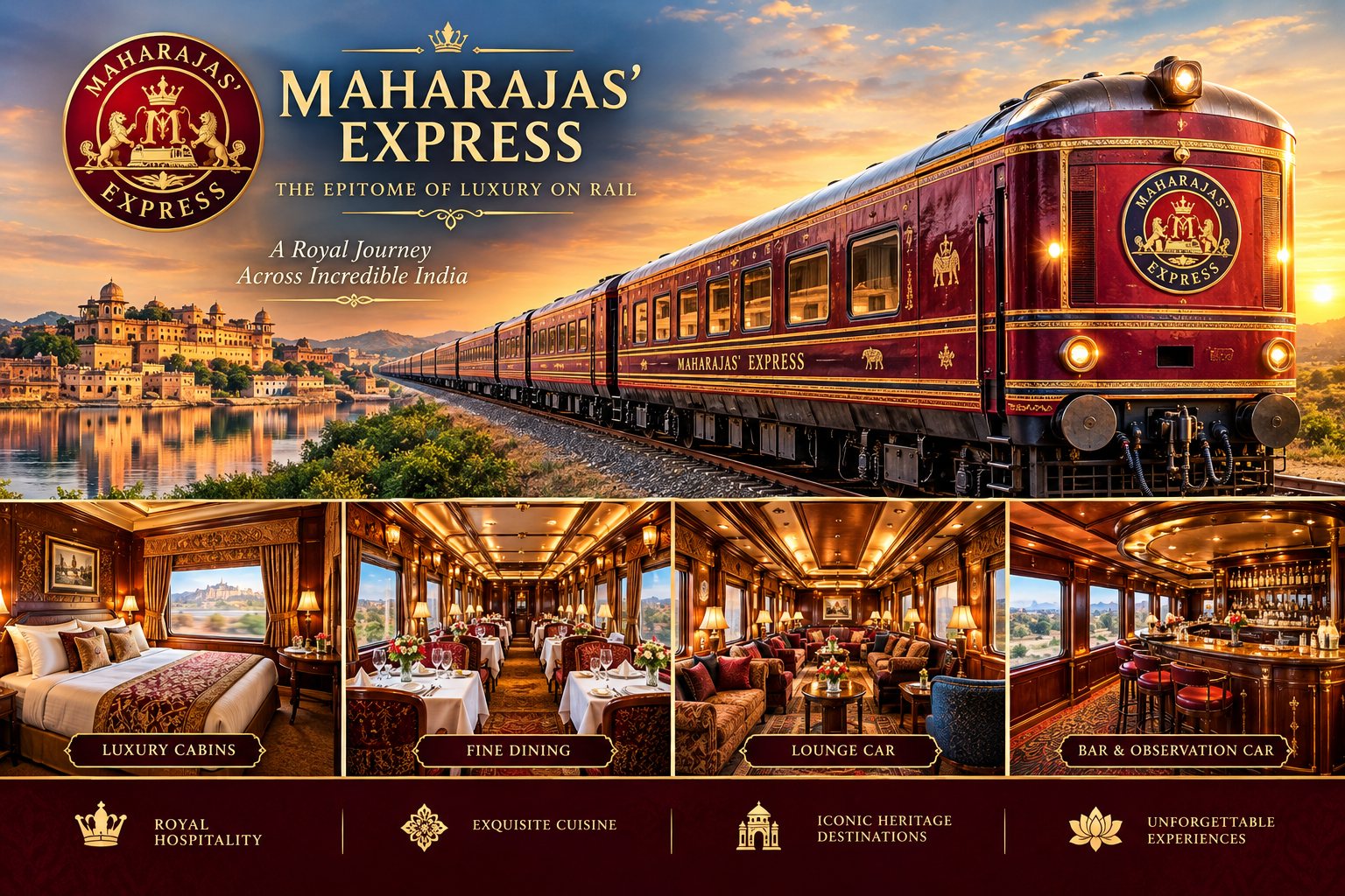 Maharajas’ Express luxury train with its cabins, dining car, lounge and bar