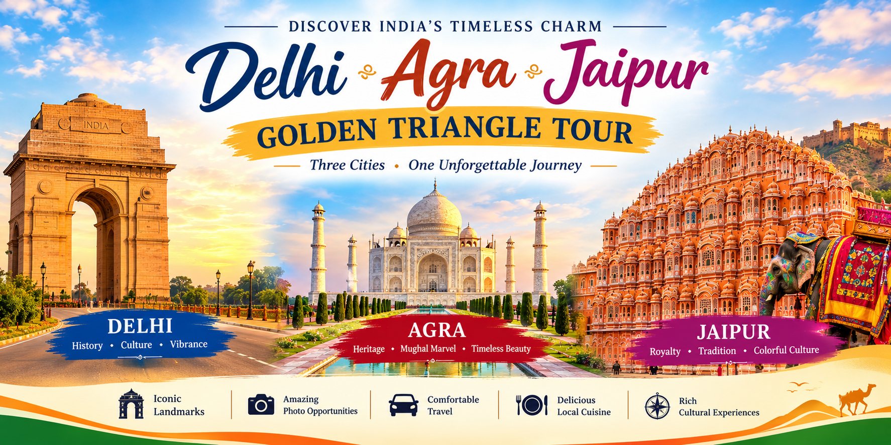 Delhi, Agra, Jaipur — Golden Triangle Tour. Three cities, one unforgettable journey.