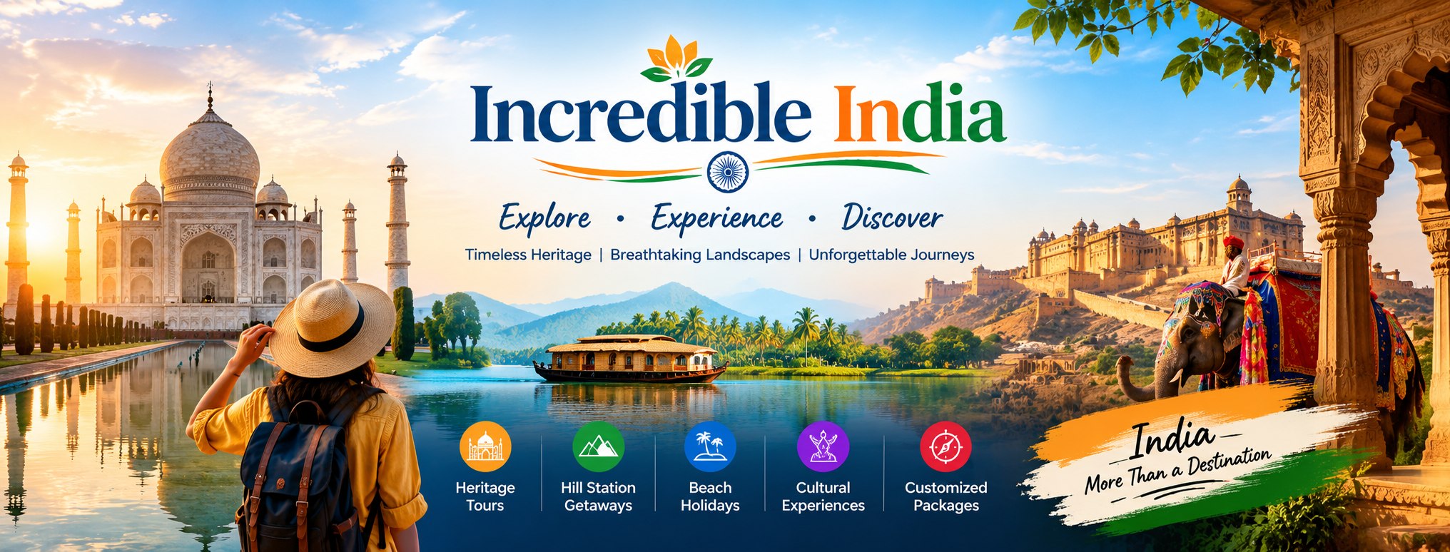 Incredible India — Explore, Experience, Discover. Timeless Heritage, Breathtaking Landscapes, Unforgettable Journeys.