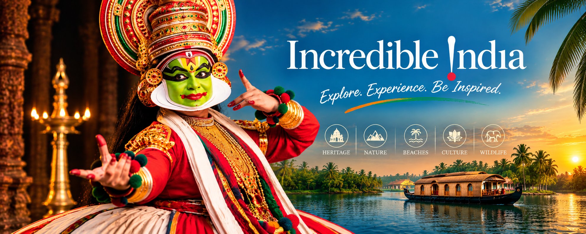 Incredible India — Explore. Experience. Be Inspired. Kathakali dancer and Kerala backwaters houseboat.