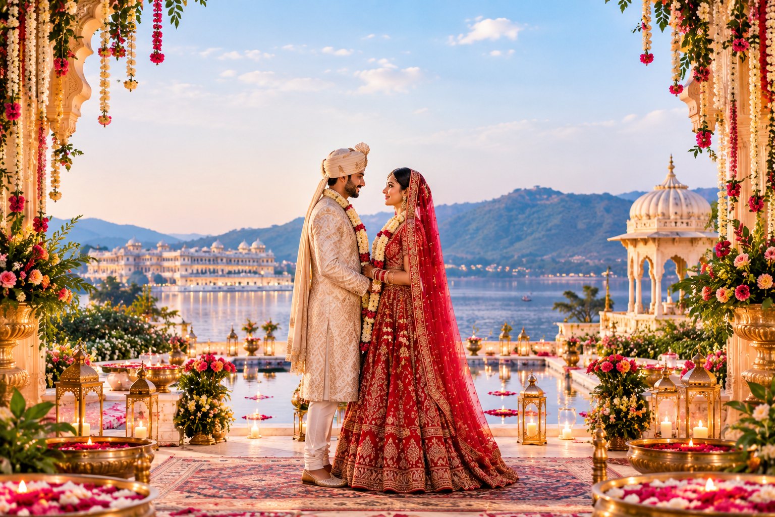 A couple exchanging garlands on a marble terrace overlooking a lake palace at sunset